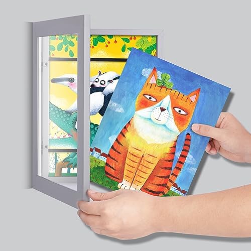 [2-Pack] Kids Art Frames, 9x12 Front Opening Kids Artwork Frames Changeable, Gray Artwork Display Storage Frame for Wall, Holds 50 Pcs, for 3D Picture, Crafts, Children Drawing, Hanging Art, Portfolio