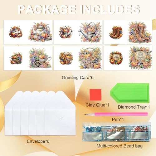 6 Pack Thanksgiving Diamond Painting Greeting Card Kits, DIY Fall Harvest Rhinestone Cards with Envelopes, Autumn-Themed Diamond Art Craft Set with Pumpkins, Corn, Grapes and Give Thanks Message