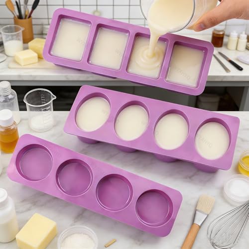 3Pcs 4Cavity Silicone Soap Molds Set | Round/Oval/Square Shapes Handmade Soap Making Non-sticky and Easy to Remove