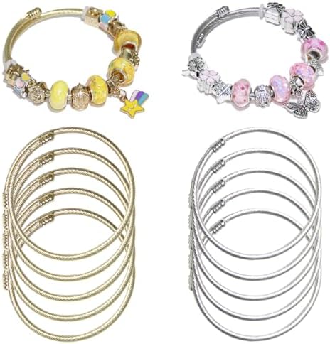 Exway 10 Pcs Elastic charm Bracelet chain Stainless Steel Cable Wire Twisted Cuff Bangle Bracelet Gold And Sliver charm Bracelets Kit for Crafts DIY Women Jewelry Making