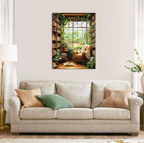 Accompany Wind Books Diamond Art Kits for Adults,5D Bookshelf Diamond Painting Kits for Beginners,DIY Round Full Drill Diamonds Gem Art Crafts for Home Wall Decor Gifts 12x16 Inch