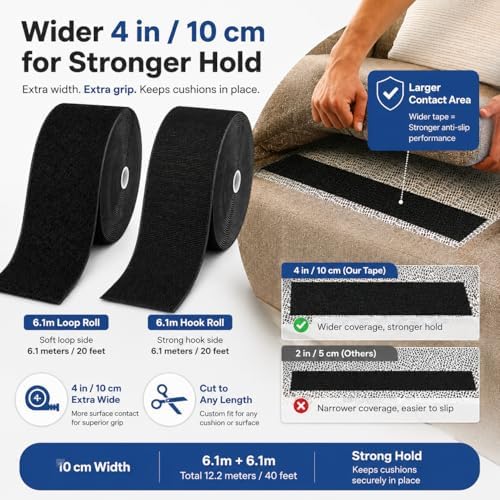 SOURRI 4'' x 20Ft Large Self Adhesive Heavy Duty Hook and Loop Sheet Tape Fastener Strips, Keep Couch Cushions from Sliding, Rug Gripper Tape & Pads