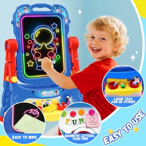 2-in-1 LED Drawing Board, Art Easel for Kids – Adjustable Double-Sided Rotatable Art Easel with Painting Accessories, Preschool Learning Toy for Boys Aged 3-5, Perfect Christmas, Birthday Gift (Blue)