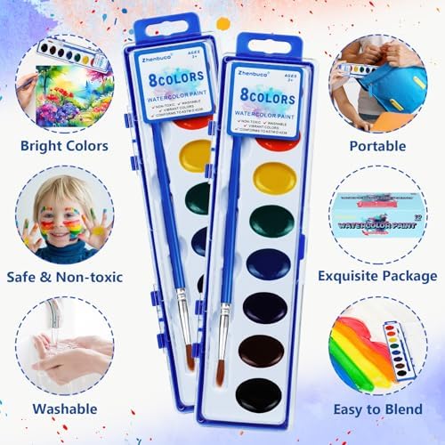 Watercolor Paint Set for Kids - Bulk Pack of 10, 8 Colors Washable Water Color Paints Sets with Paintbrush, Kids Watercolor Paint Set for Coloring, Art, Classrooms and Easter Paint Supplies