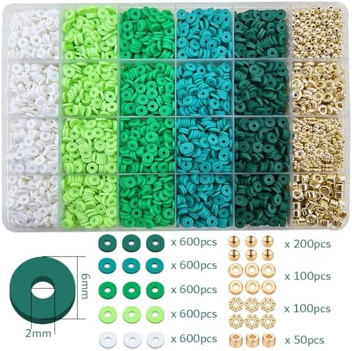 MIIIM Green Clay Beads Kit for Bracelets Making, Heishi Beads for Friendship Bracelet, Clay Charms and Gold Spacers for Jewelry Making, Crafts, Concert, Raves, Gifts
