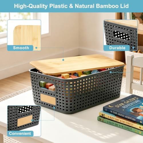 Bagnizer Small Plastic Storage Bins with Bamboo Lids 5.2qt Stackable Box Basket Pantry Decorative Containers Cute with Lable for Organizing Desktop Closet Office Gray of 6 packs 10 * 7.2 * 4.1"