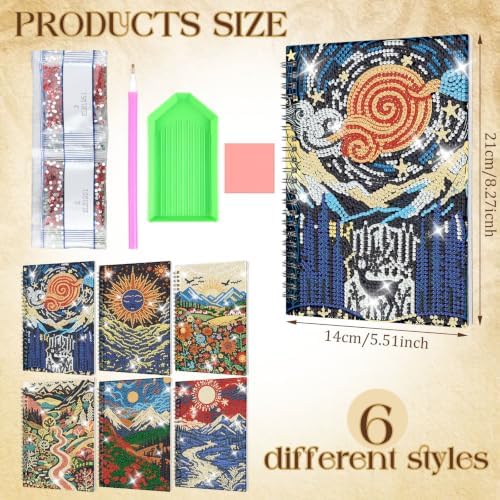 Fullhawl 6 Pack 5D DIY Diamond Art Crafts Kit for Adults Office Supplies Beginner A5 Leather Diamond Painting Gift for Women Art Cover Craft Accessories with Tool (Distant Mount Painting)