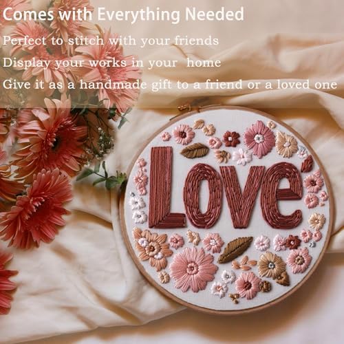 FONNUY I Love You Embroidery Kit for Beginners, Pre-Stamped Pattern Kits, Romantic Anniversary for Women Men, Valentine's Day Gifts Thread Needlework, 8'' Hoop (Love 02)