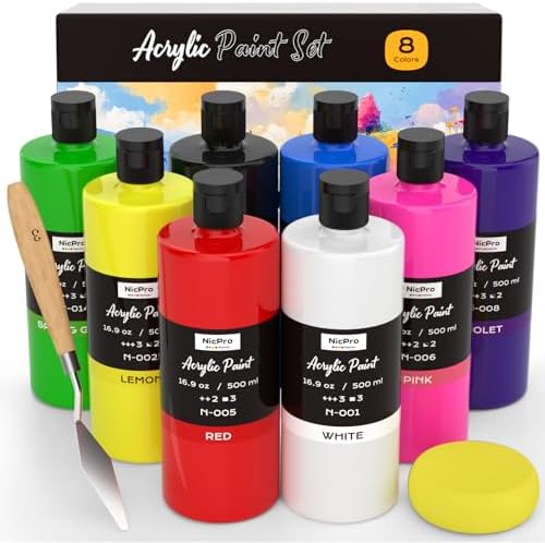 Nicpro 8 Colors Large Bulk Acrylic Paint Set(16.9 oz), Rich Pigments | Non Toxic Craft Paint for Multi Surface, Canvas, Wood, Leather, Ceramic - Art Painting Supplies for Beginners, Artist & Adult