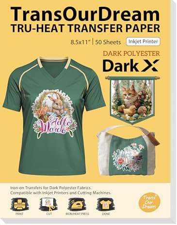 TransOurDream Heat Transfer Paper for Dark Polyester Fabrics (Dark X, 8.5"x11", 50 Sheets) Printable Iron on Heat Transfer Vinyl for Inkjet Printer