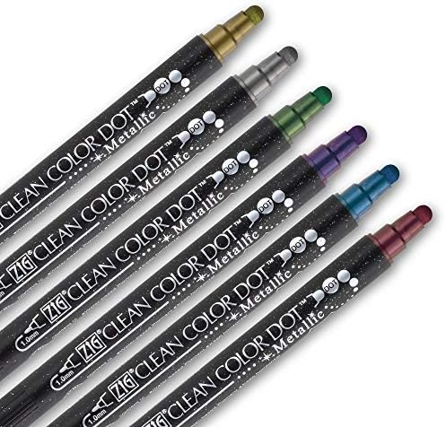 Kuretake CLEAN COLOR DOT Metallic Dual tip markers 6 Colors set, 0.5mm fine tip and a flexible dot tip, for Journals, Crafts, Illustration, Lettering, Planners, for Adult, Made in Japan