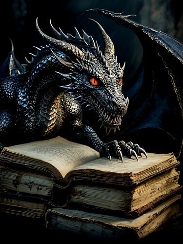 MBNTJHT DIY Dragon Diamond Painting Kits for Adults,5D Full Round Drill Diamond Art Kits for Adults Beginners,Black Dragon and Books Painting by Diamonds Kit Crafts for Home Decor Gifts 12X16 Inch.