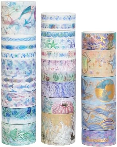 Marine Life Washi Tape Set 24 Rolls Gold Silver Foil Masking Underwater World Graphic Decorative Tapes for Arts, DIY Crafts, Journals, Planners, Scrapbook, Wrapping