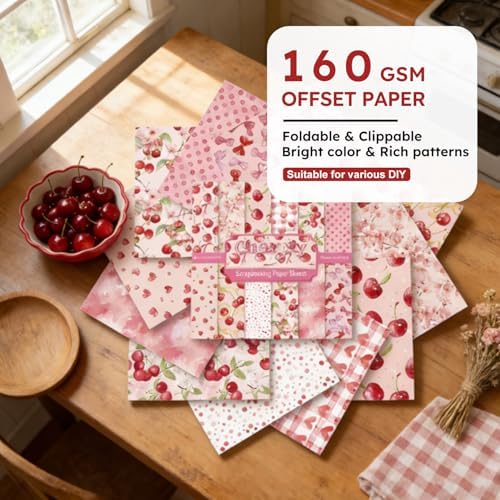 6in Pink Cherry Scrapbooking Paper Pad, 24 Sheets Aesthetic Patterned Decor for Collage Decoupage Junk Journals Wrapping Folded Materials Arts Gift Card Making DIY Crafts Origami Photo Album