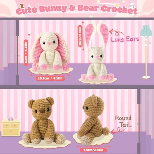 Bunny and Bear Crochet Kit for Beginners 2PCS Crochet Starter Kit for Adult