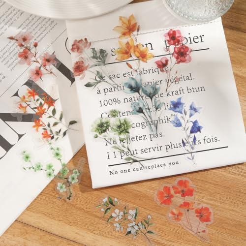 50PCS Transparent Natural Flower Stickers for Scrapbook Supplies | PET Pressed Flower Stickers for Scrapbooking, DIY Craft, Journal, Water Bottle, Laptop, Card Making