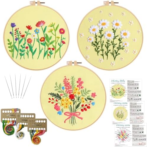 Louise Maelys 3 Set Floral Embroidery Kit, Botanical DIY Craft Collection