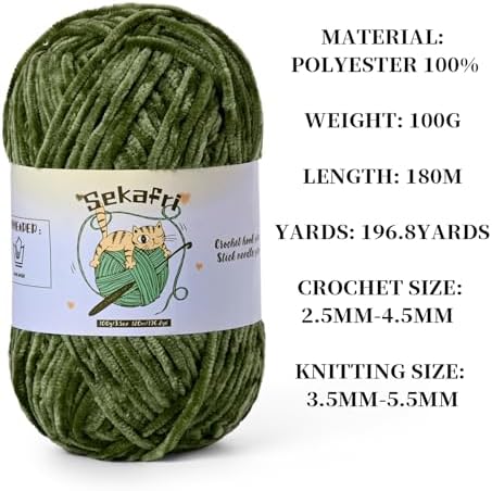 Fuzzy Chenille Yarn for Crocheting, Fluffy Amigurumi Crochet Yarn for DIY Craft/Hat/Shoes, (100g/197yds) Soft Velvet Baby Blanket Yarns（Army Green）