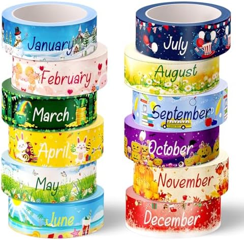 Whaline 12 Rolls Holiday Monthly Washi Tape Seasonal Masking Tape Set 12 Months of The Year Decorative Wrapping Paper Tapes Boxed for Scrapbook Journal DIY Crafts