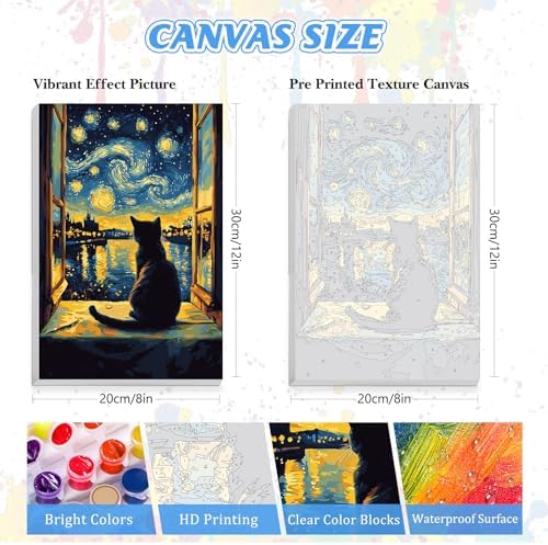 KEYIFA Paint by Numbers for Adults on Framed Canvas - with Wooden Easel, Starry Sky Painting by Number Kit for Beginners, DIY Black Cat Acrylic Paint-by-Number Kits for Home Wall Decor (8x12 inch)