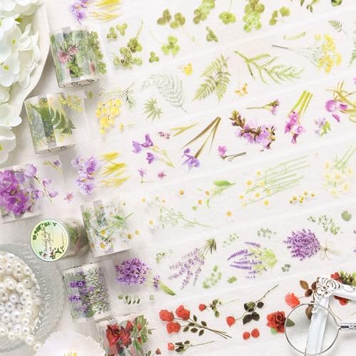6 Rolls Floral Washi Pet Tape, Flower Decorative Tape Pre-Cut Wildflower Washi Tape for Journaling Scrapbook Supplies