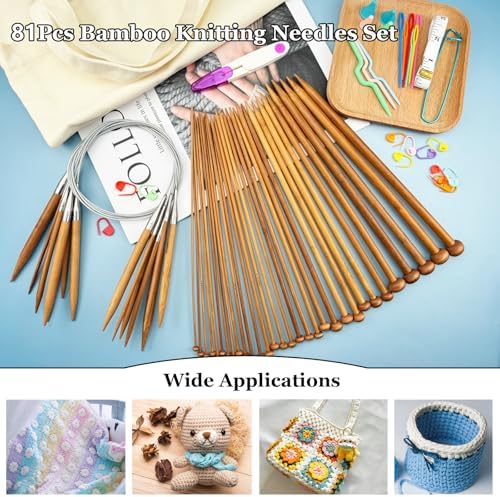 Hobekoee Bamboo Knitting Needles Set,36Pcs 9.8" Straight Single Pointed Bamboo Knitting Needles Set and 8Pcs 32" Circular Knitting Needles Kit with Storage Bag for Beginners Knitting Lovers