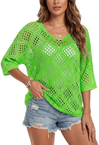 Womens Crochet Top Summer 3/4 Sleeve Cover Up V Neck Boho Tops