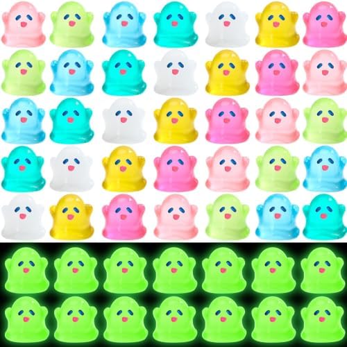 JUNEBRUSHS 50 Pcs Halloween Mini Ghost, Luminous Ghost Figurines Miniature Ornaments Glow in The Dark for DIY Crafts Party Gifts Landscape Decorations