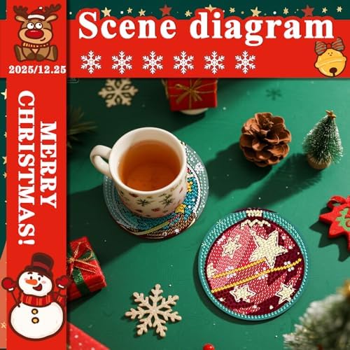 DOTSOPS 8 Pcs Diamond Art Kits for Adults Small Diamond Art Coasters with Holder,Diamond Art Painting Coasters for Adults Beginners Diamond Craft for Christmas Birthday (Christmas Ornaments)