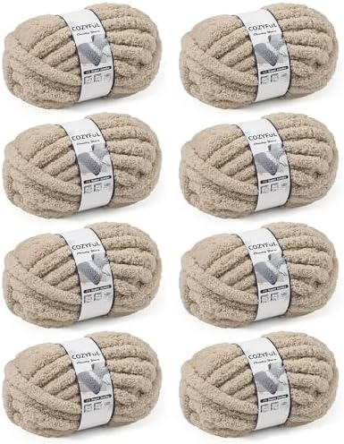 Cozyful Chunky Yarn for Hand Knitting, #9 Thick Jumbo Big Chunky Yarn for Crocheting, Super Chunky Knit Blanket Yarns, Large Chunky Chenille Yarns, 8 Pack (30 yds 8 oz Each Skein), Khaki