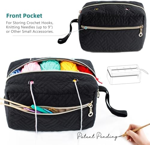 MYBAGZING Small Crochet Bag Organizer - Knitting Yarn Storage for Crocheting Holder Accessories, Needles, Hooks, Gifts, Black, (AM370)
