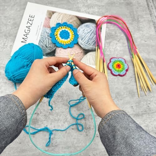 Mdoker 18 Pairs Bamboo Knitting Needles Set Circular Wooden Knitting Needles with Colorful Plastic Cable Size 2mm-10mm,Knitting Needle for DIY Craft(100cm/40inch)
