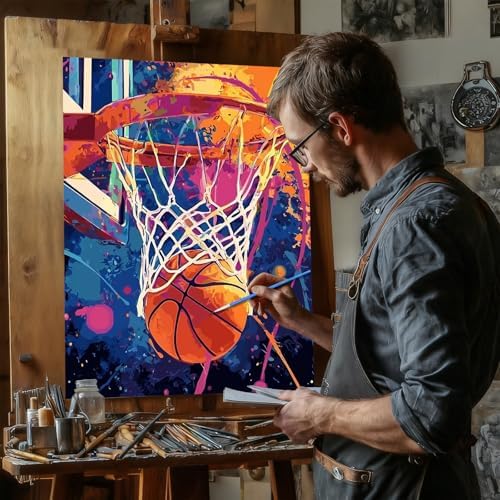 Reivworl Basketball Paint by Numbers Kit for Adults Beginner, 16" Wx20 L Basketball Paint by Number for Adult, Acrylic Painting Kits with Canvas for Gifts and Wall Decor