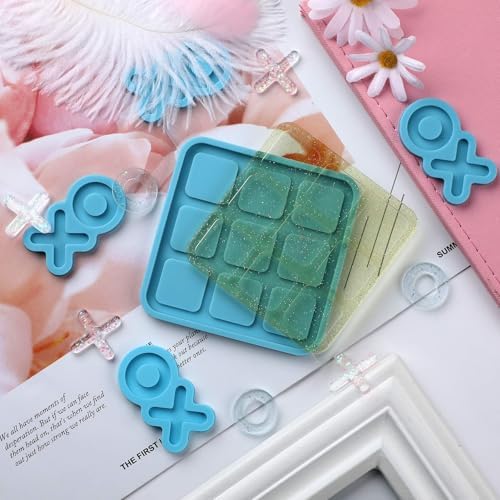 Tic Tac Toe Resin Mold with 5 Chess Pieces Molds,DECYOOL X O Board Game Silicone Molds for Resin Casting,DIY Tabletop Board Game (Pack of 2)