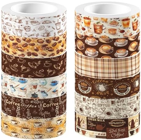 12 Pcs Coffee Washi Tape Coffee Masking Tape Decorations Vintage Watercolor Brown Cafe Decorative Paper Sticker for Vintage Journals, Planners, DIY Craft Gift Wrapping Handbook Stickers