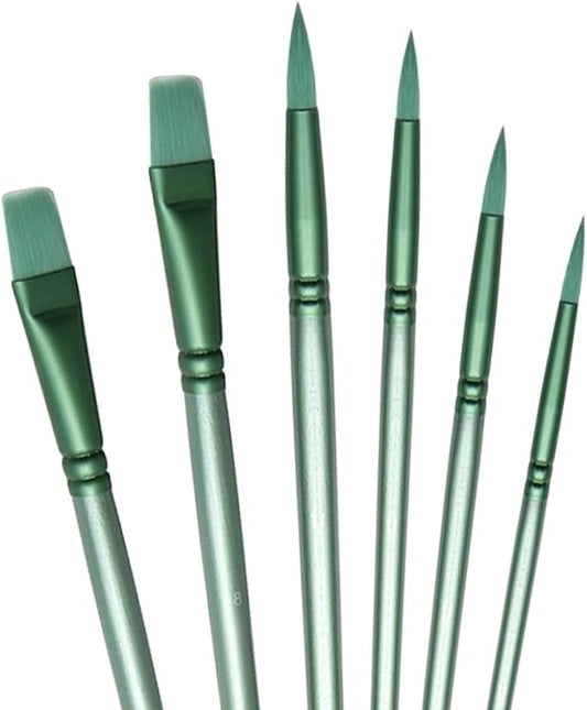 Acrylic Paint Brush Set, 6 pcs Watercolor Brushes, Painting Brush Nylon Hair Brushes for All Purpose Oil Watercolor Painting Beginner Kits (6, Green)