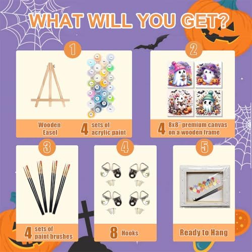 4 Pack Ghost Paint by Number for Kids with Wooden Frame - Wooden Easel