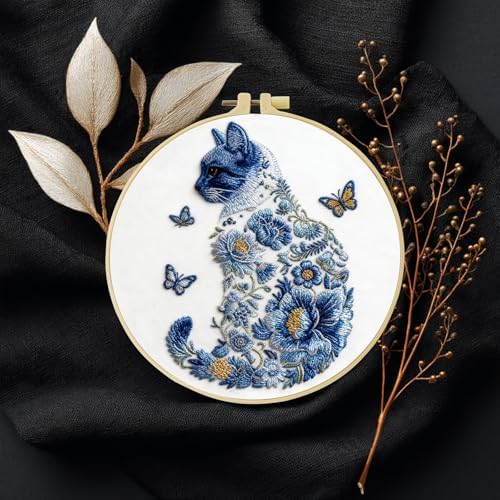 JOZYSH Blue Flower Cat and Butterfly Stamped Pattern Embroidery Kit for Beginners Adults Includes Cloth,Hoop,Color Threads,Needles and Instruction,Lover Hand Stitch with Embroidery Skill Techniques