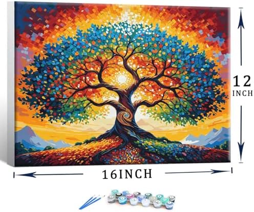 Lovepefe Tree of Life Paint by Numbers Kit for Adults with Framed Beginner Stained Glass Painting Kit Color by Numbers for Adults Canvas DIY Acrylic 12X16 Inches