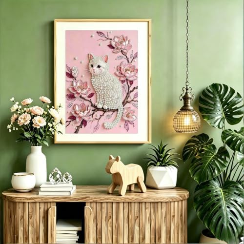 White Cat Diamond Pearl Painting Kits for Adults, Diamond Art kits 12x16In