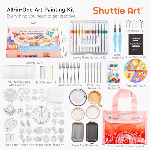 Shuttle Art 104 Pcs Magic Foam Texture Painting Kit Food Series: 34 Food Foam Pieces, Paper Plates, Forks & Knives, 12 Acrylic Paint Markers, Magical 3D Effect DIY Art Craft for Kids Ages 3-12