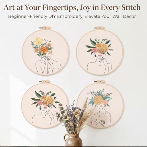 Harimau Adult Beginner Embroidery Starter Kit, Complete Set with 4 Patterns, 2 Hoops, Needles, Scissors, Instruction Guide & Stitching Video Tutorials