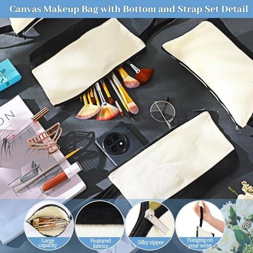 Silkfly 30 Pcs Cotton Canvas Makeup Bags Cosmetic Zipper Bags 10.2 x 5.5 x 2'' Blank DIY Pouch Bulk Pencil Case with Bottom Travel Toiletry Pouch for Women Craft Decor Gift (Black,Beige)