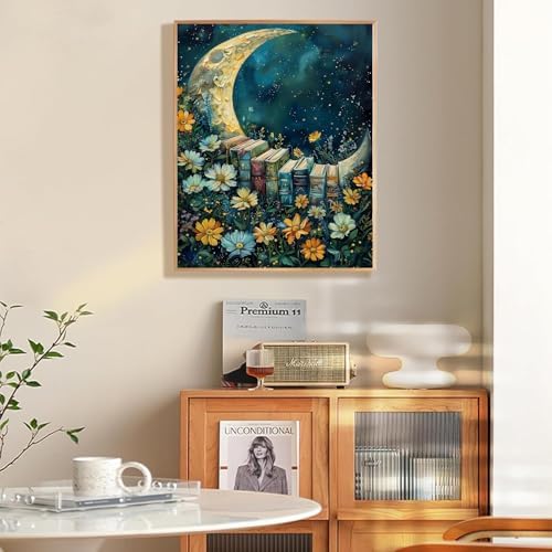 CraftBliss 5D Diamond Painting Kits for Adults, Magical Night Sky Moon and Books, Wildflower Floral Gem Art Kit, Aesthetic Galaxy Wall Decor, Gift for Book Lovers, 12x16 inch (30x40cm)