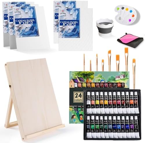 LEYEDZ Acrylic Paint Set for Kids & Adults,Art Supplies Kit with Canvas | 24 Acrylic Paints,8 Brushes,5 Canvas Panels,Palette,Cup & Towel,Foldable Adjustable Table Easel for School Travel