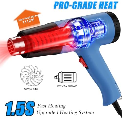 Heat Gun, 572 & 1112°F Temp Ranges, 2-Speed Adjustable, 110V with 4 Nozzles, Overload Protection, 4.9FT Cord, for Crafts and Shrink Wrap (Toolbox Set)