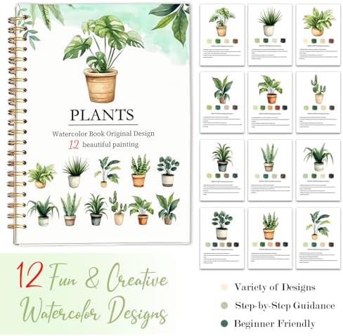 Easy Watercolor Workbook for Beginners - 12 Beautiful Step-by-Step Paintings Water Coloring Book, Includes 18 Colors Paints, Relaxing Art Projects and Creative Gift for Adults & Teen (Plants)
