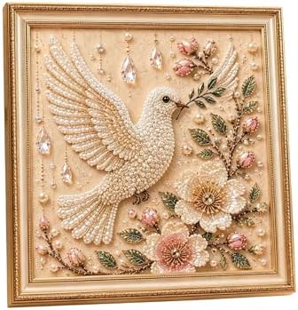 Pearl Art Kits for Adults Bird Flower DIY Beaded Embroidery Kits with Crystal Rhinestones Pearl Painting Craft Kit with Pre-Printed Canvas Handmade Home Wall Decor Gift (White Bird)