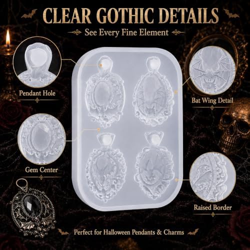 4-Cavity Gothic Bat Pendant Resin Silicone Mold with Hanging Hole, Vintage Frame Bat Epoxy Resin Casting Mould for DIY Necklace Charm, Halloween Gothic Jewelry Making Craft Supplies (BF03)