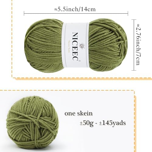 NICEEC 300g Soft Assorted Colors Yarn 100% Acrylic 870yds -Warm Green